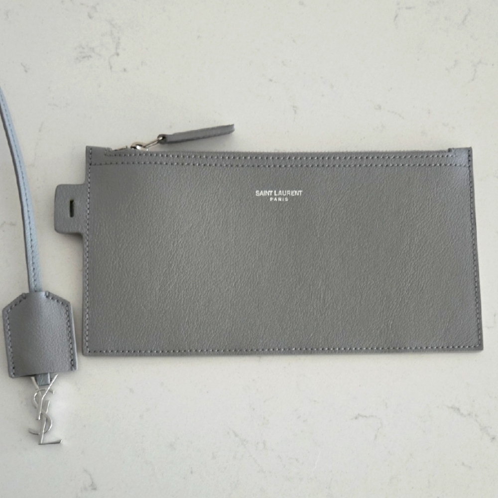 Never Used SAINT LAURENT Leather Zipper Pouch & YSL Hanging Silver Purse Charm
